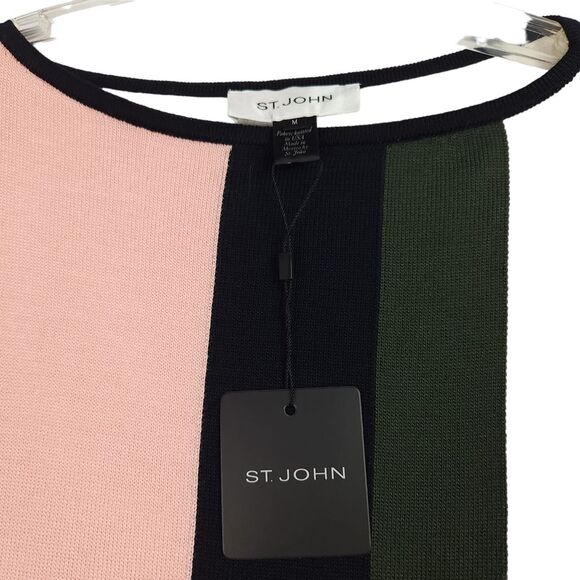 St. John Sweater Womens M Pink Black Color Block Wool Blend Knit 3/4 Sleeve NEW - Picture 5 of 13